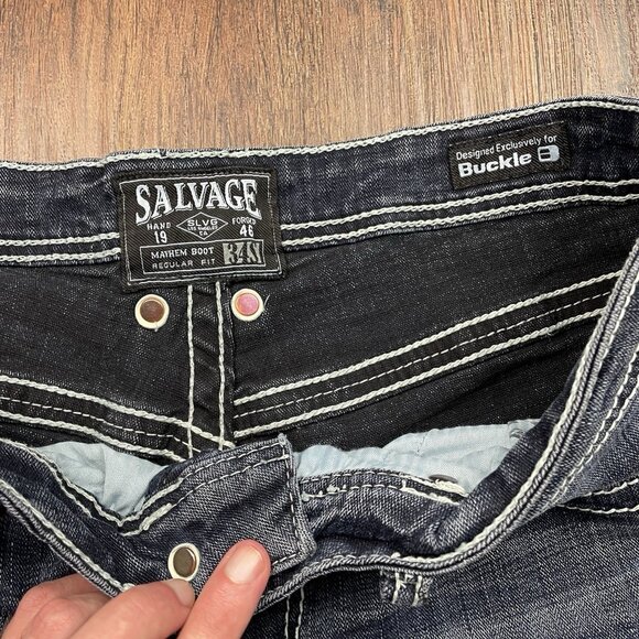 Salvage Mayhem Boot Regular Fit Jeans Men's 34S Blue Denim Buckle Pants Logo - Picture 5 of 10